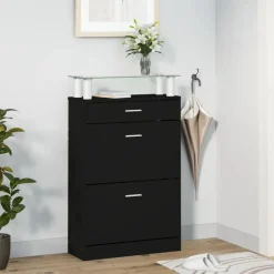 vidaXL - Schoenenkast 4 paar met 3 kleppen en lade - Zwart met glazen bovenblad Online