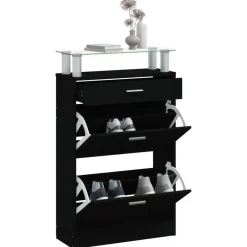 vidaXL - Schoenenkast 4 paar met 3 kleppen en lade - Zwart met glazen bovenblad Online
