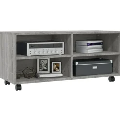vidaXL - TV-meubel met wieltjes en 4 vakken - Grijs - Bewerkt hout - 90 cm Best