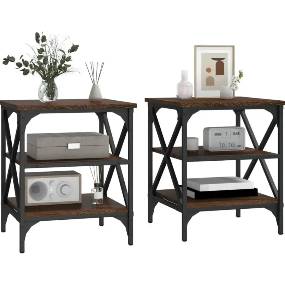 vidaXL Bijzettafels - Industrieel - Bruin eiken - Hout - 40x42x50 cm - Set van 2 New