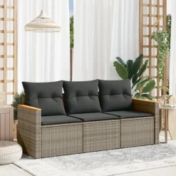 vidaXL 3-delige Loungeset met kussens en hout armsteun - Grijs - Poly rattan Hot