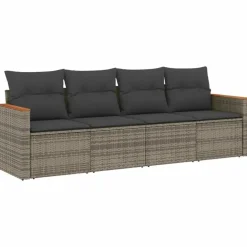 vidaXL 4-delige Loungeset met kussens en hout armsteun - Grijs - Poly rattan Sale