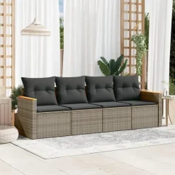 vidaXL 4-delige Loungeset met kussens en hout armsteun - Grijs - Poly rattan Sale