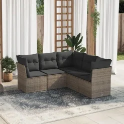 vidaXL 5-delige Loungeset met kussens voor 5 personen - Grijs - Poly Rattan New