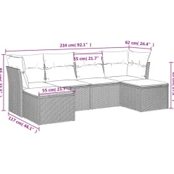 vidaXL 6-delige Loungeset met kussens en 2 krukken - Grijs - Poly Rattan