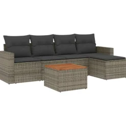 vidaXL 6-delige Loungeset met kussens en salontafel - Grijs - Poly rattan