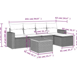 vidaXL 6-delige Loungeset met kussens en salontafel - Grijs - Poly rattan