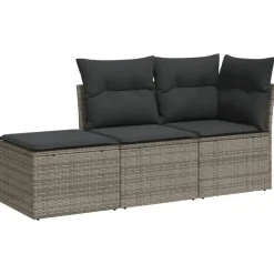 vidaXL 3-delige Loungeset met kussens - 3 personen - Grijs - Poly Rattan Outlet