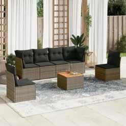 vidaXL 7-delige Loungeset met kussens en hout salontafel - Grijs - Poly rattan Clearance