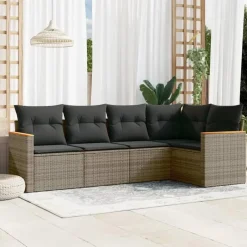 vidaXL Loungbank voor 5 met kussens en armsteun - Grijs - Poly rattan