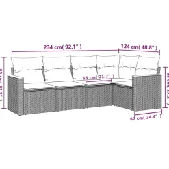 vidaXL Loungbank voor 5 met kussens en armsteun - Grijs - Poly rattan