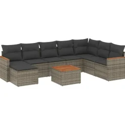 vidaXL Loungeset met 8 kussens en hout armsteun & salontafel - Grijs - 9 stuks Online