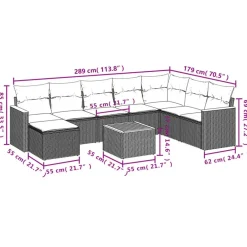 vidaXL Loungeset met 8 kussens en hout armsteun & salontafel - Grijs - 9 stuks Online