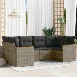 vidaXL Loungeset met 8 kussens en hout armsteun - Grijs - 6 stuks Clearance