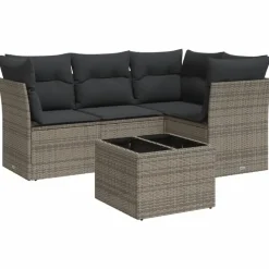 vidaXL Loungeset met 7 kussens en tuintafel - Grijs - Poly Rattan - 5 stuks