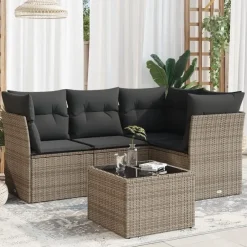 vidaXL Loungeset met 7 kussens en tuintafel - Grijs - Poly Rattan - 5 stuks