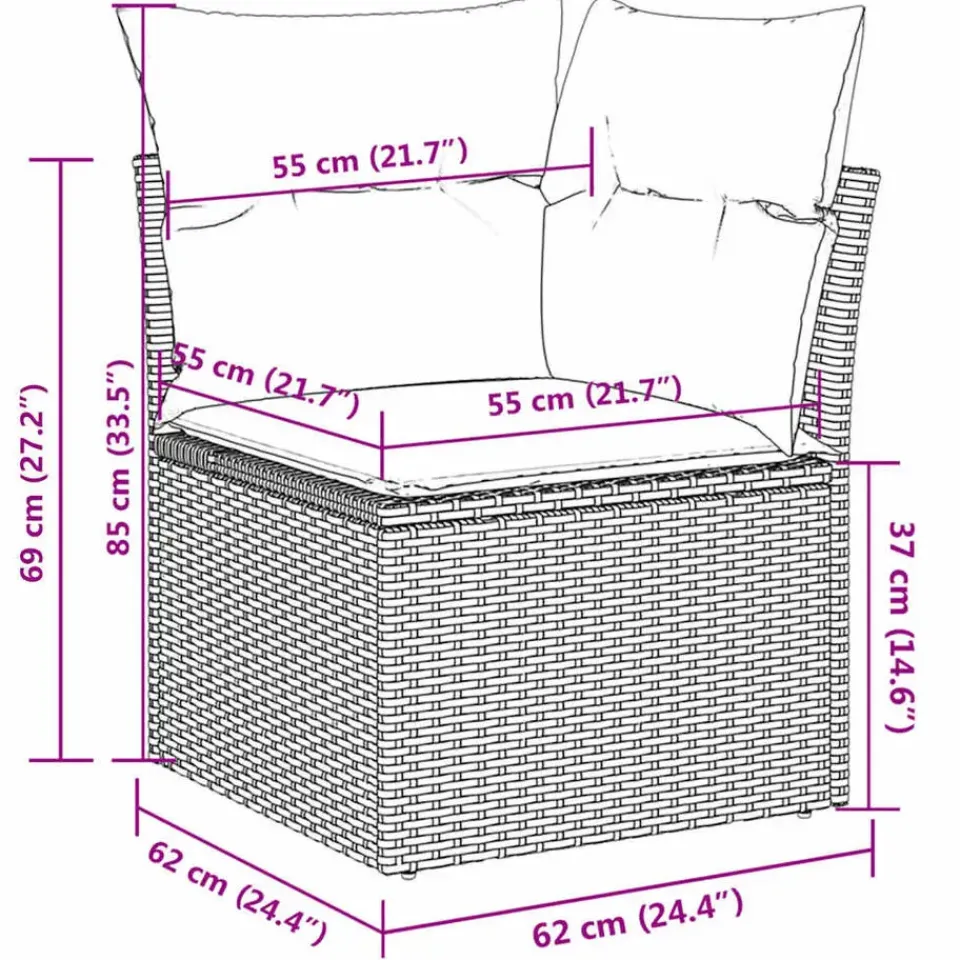vidaXL Loungeset met 7 kussens en tuintafel - Grijs - Poly Rattan - 5 stuks