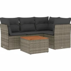 vidaXL Loungeset met kussens & hout salontafel - Grijs - Poly rattan - 5 stuks Hot