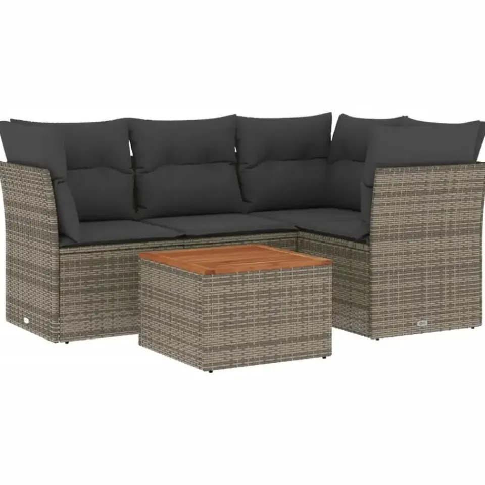 vidaXL Loungeset met kussens & hout salontafel - Grijs - Poly rattan - 5 stuks Hot
