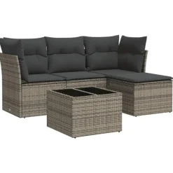 vidaXL Loungeset met kussens & tuintafel - Grijs - Poly Rattan - 5 stuks Outlet