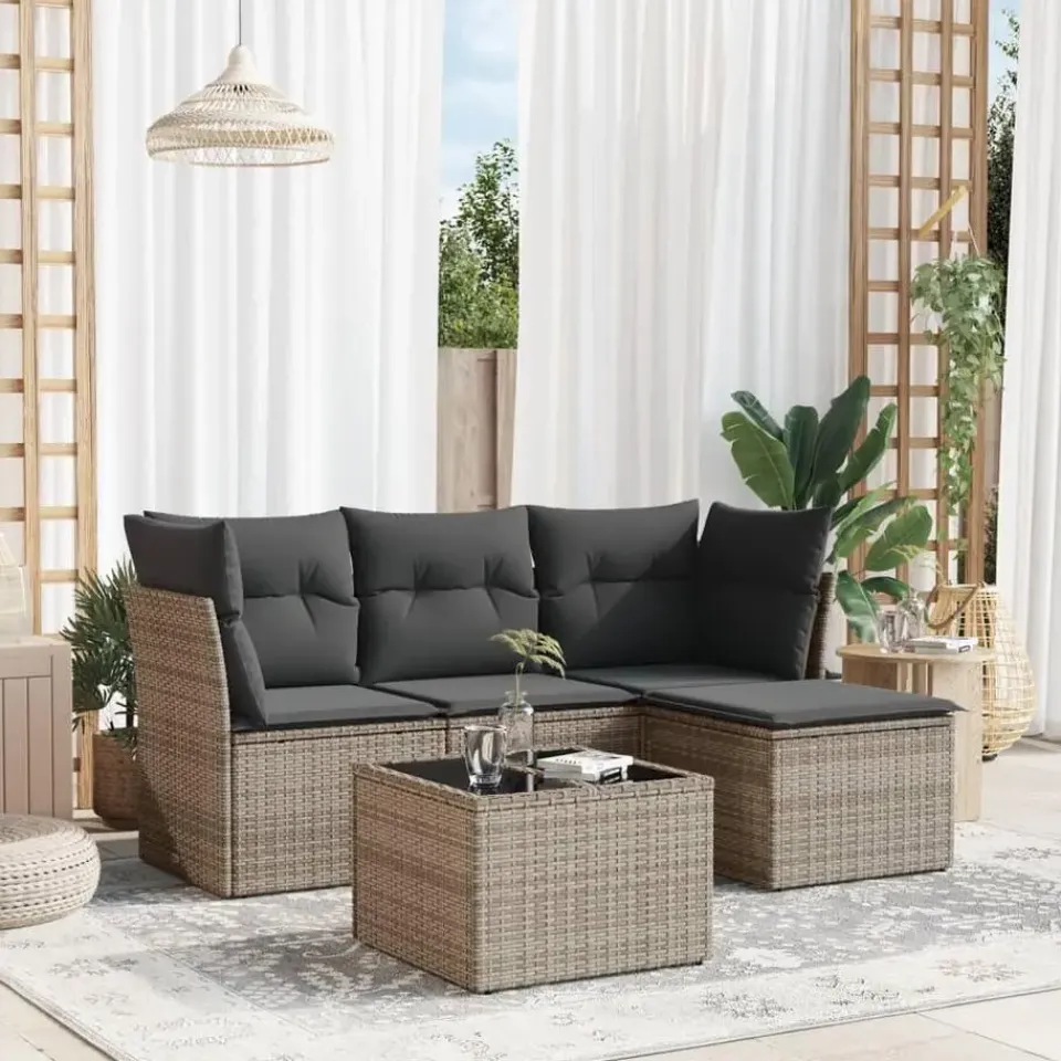 vidaXL Loungeset met kussens & tuintafel - Grijs - Poly Rattan - 5 stuks Outlet