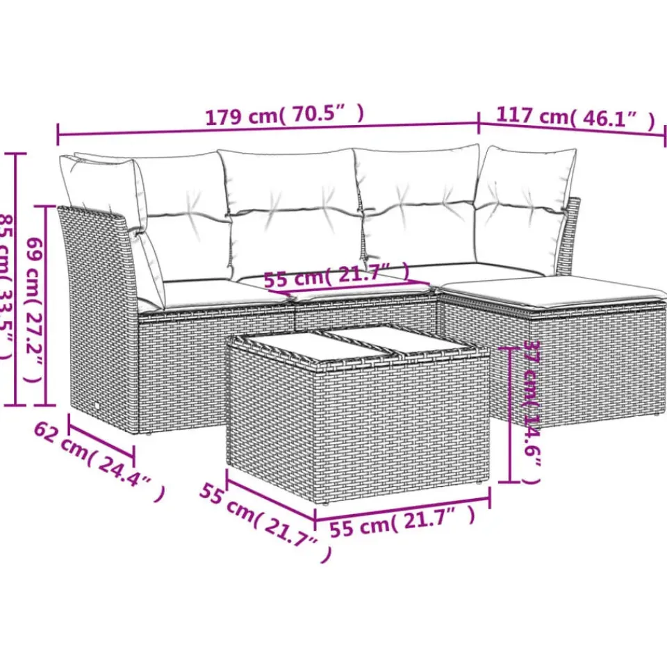 vidaXL Loungeset met kussens & tuintafel - Grijs - Poly Rattan - 5 stuks Outlet
