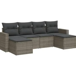 vidaXL Loungeset met kussens en 2 krukken - Grijs - Poly rattan - 6 stuks Sale