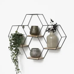 IVOL Vierdubbel zeshoekig metalen wandrek met 4 houten plankjes - 40,5x58 cm - Zwart Best