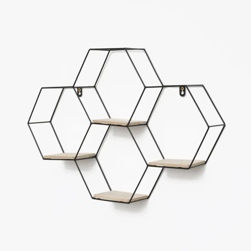 IVOL Vierdubbel zeshoekig metalen wandrek met 4 houten plankjes - 40,5x58 cm - Zwart Best