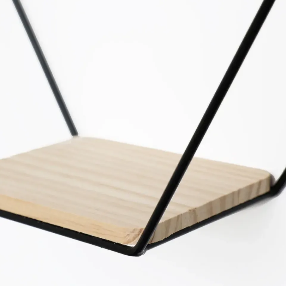 IVOL Vierdubbel zeshoekig metalen wandrek met 4 houten plankjes - 40,5x58 cm - Zwart Best