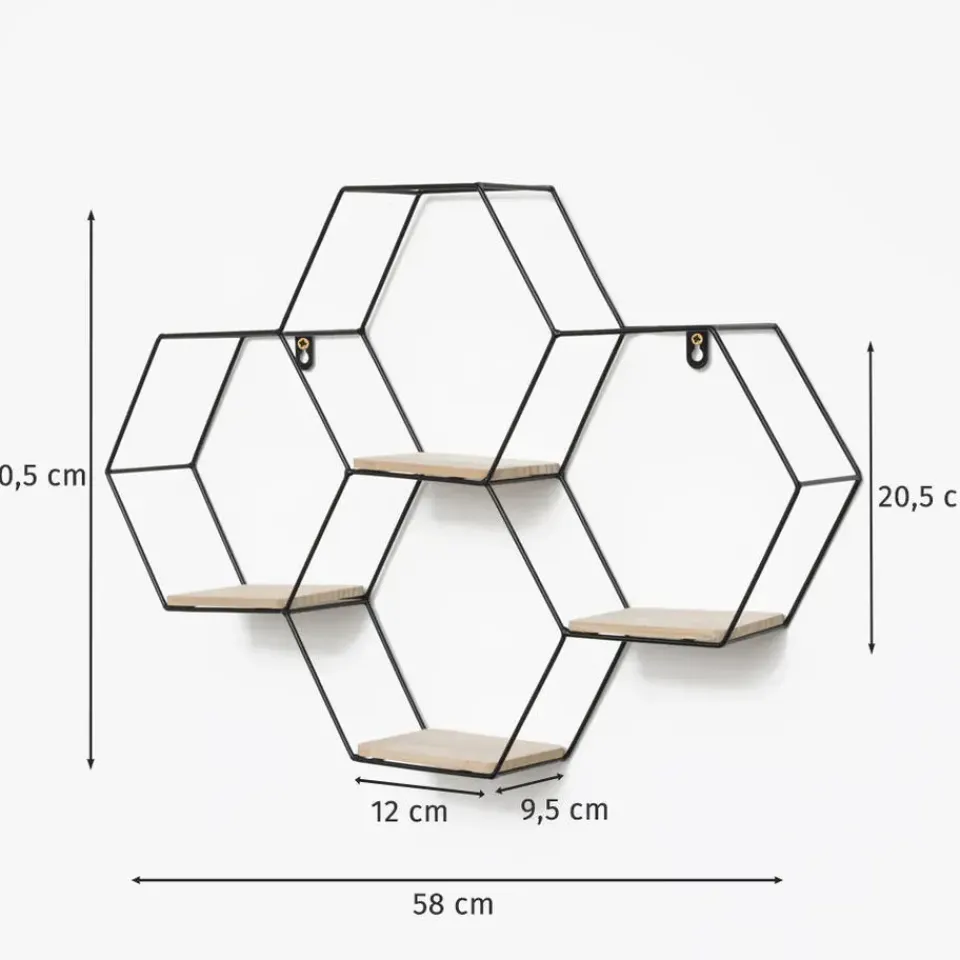 IVOL Vierdubbel zeshoekig metalen wandrek met 4 houten plankjes - 40,5x58 cm - Zwart Best