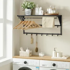 Merkloos Wandkapstok - Kapstok - 14 Haken - Metaal en Hout - Zwart Clearance