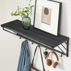 Merkloos Wandkapstok met Plank en 7 Haken, Metaal en Hout, Zwart Hot