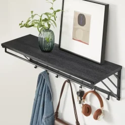 Merkloos Wandkapstok met Plank en 7 Haken, Metaal en Hout, Zwart Hot