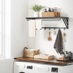 Merkloos Wandkapstok met Plank en 7 Haken, Metaal en Hout, Zwart Hot