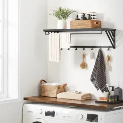 Merkloos Wandkapstok met Plank en 7 Haken, Metaal en Hout, Zwart Hot