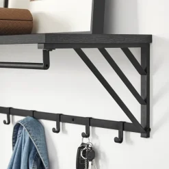 Merkloos Wandkapstok met Plank en 7 Haken, Metaal en Hout, Zwart Hot