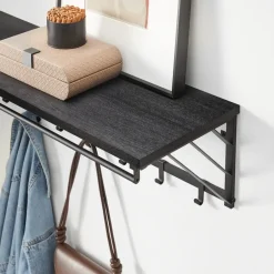 Merkloos Wandkapstok met Plank en 7 Haken, Metaal en Hout, Zwart Hot