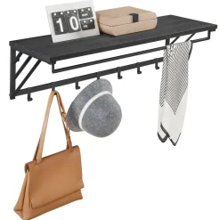 Merkloos Wandkapstok met Plank en 7 Haken, Metaal en Hout, Zwart Hot