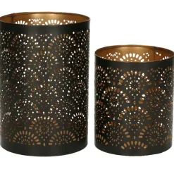 Merkloos Windlicht - motief - 2x - zwart/goud - 10/15 cm - theelichthouder Hot
