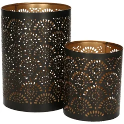 Merkloos Windlicht - motief - 2x - zwart/goud - 10/15 cm - theelichthouder Hot