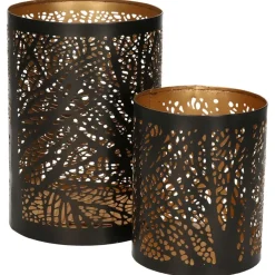 Merkloos Windlicht set - 2x - zwart/goud - 10/15 cm - waxinelichthouder New