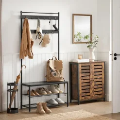 Merkloos XL Garderoberek met Schoenenbank, Kapstok en Schoenenrek, 11 Haken, Zwart