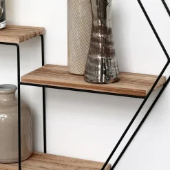 IVOL Zwart metalen wandrek met 3 houten plankjes - Zeshoek - 48x55x10 cm Outlet