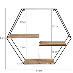 IVOL Zwart metalen wandrek met 3 houten plankjes - Zeshoek - 48x55x10 cm Outlet