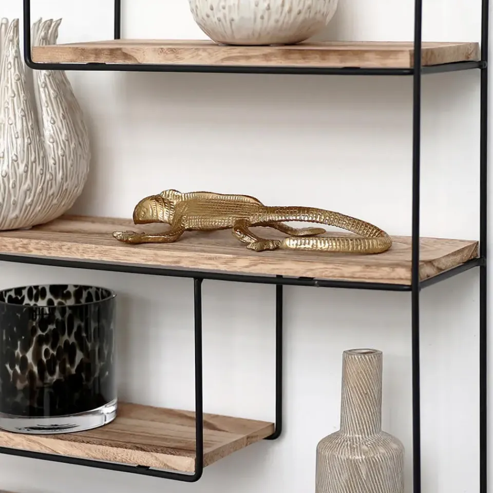 IVOL Zwart metalen wandrek met 4 houten plankjes - Rechthoek - 55x45x11 cm Sale