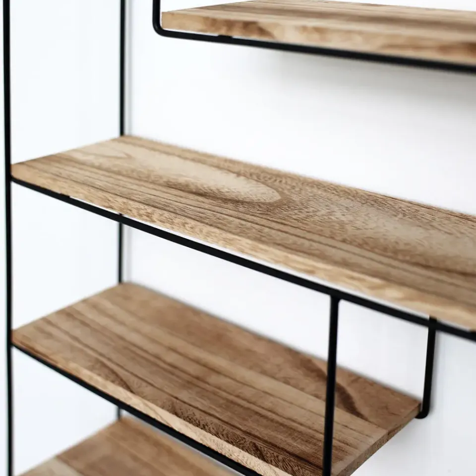 IVOL Zwart metalen wandrek met 4 houten plankjes - Rechthoek - 55x45x11 cm Sale