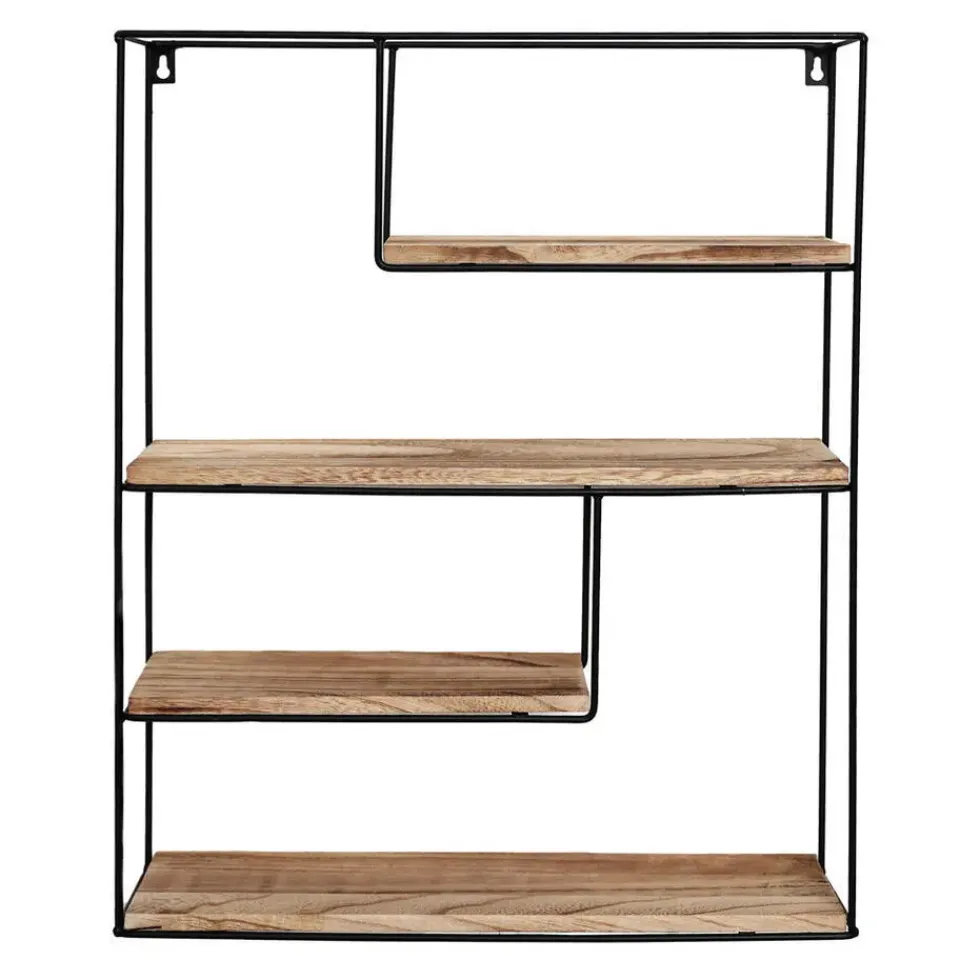 IVOL Zwart metalen wandrek met 4 houten plankjes - Rechthoek - 55x45x11 cm Sale