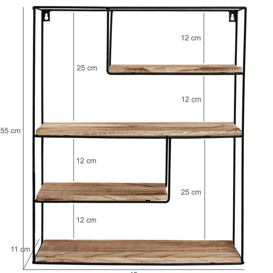 IVOL Zwart metalen wandrek met 4 houten plankjes - Rechthoek - 55x45x11 cm Sale