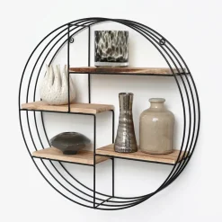IVOL Zwart metalen wandrek met 4 houten plankjes - Rond - 50x11 cm Online